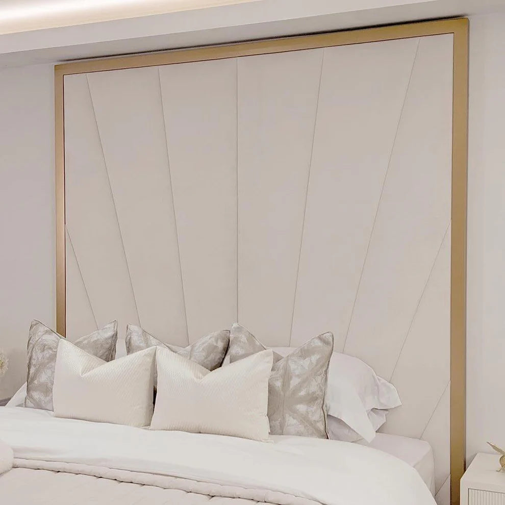 Sunburst Cream Velvet & Gold Luxury Wall Mounted Headboard - Bed